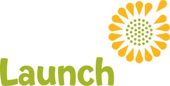 Launch in green letters with yellow and green flower in top right corner.